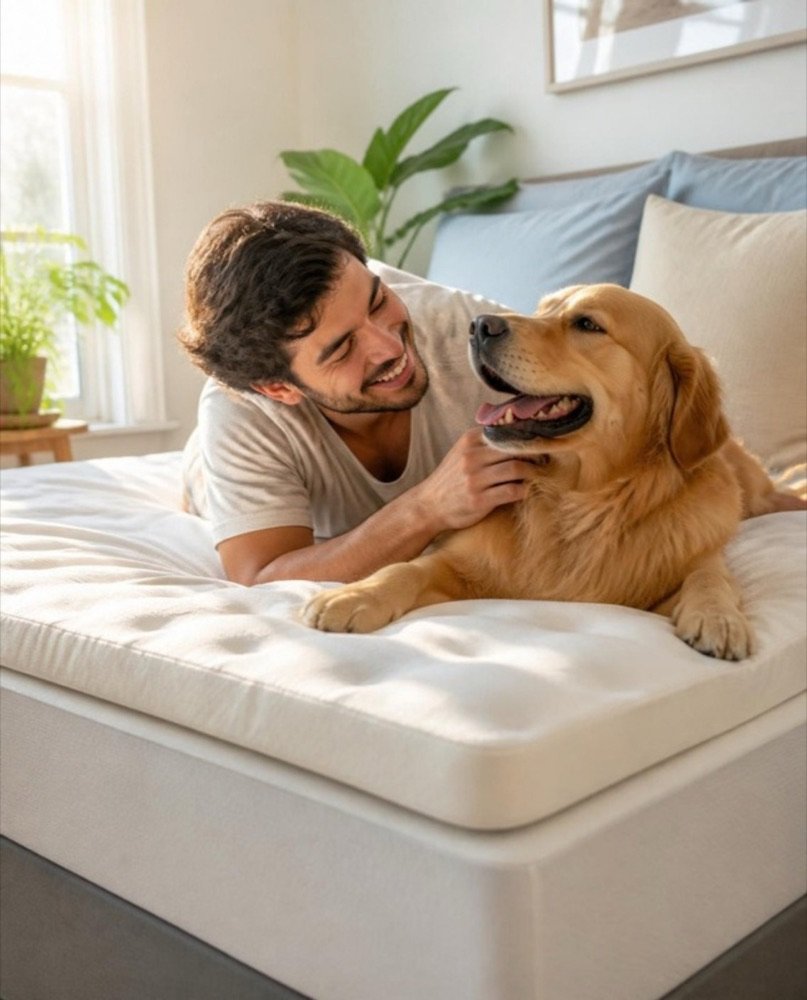 Joven juega con su perro sobre la cama con SleepFoam