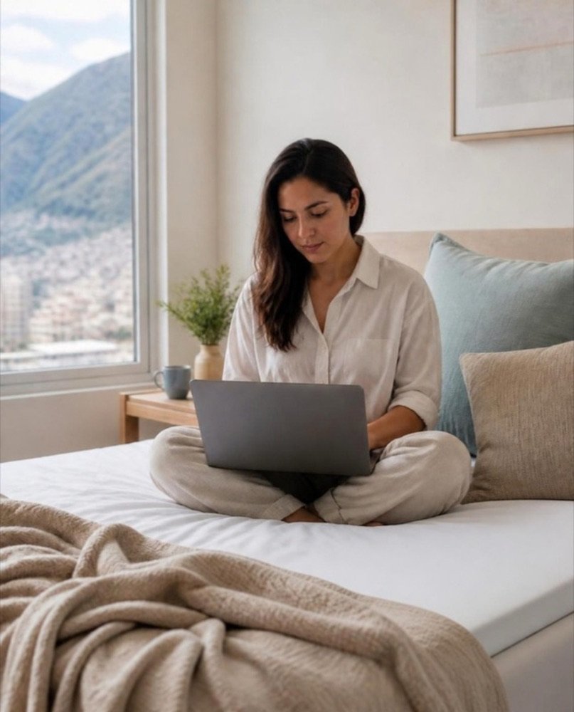 Mujer trabaja con su laptop sentada sobre la cama con SleepFoam